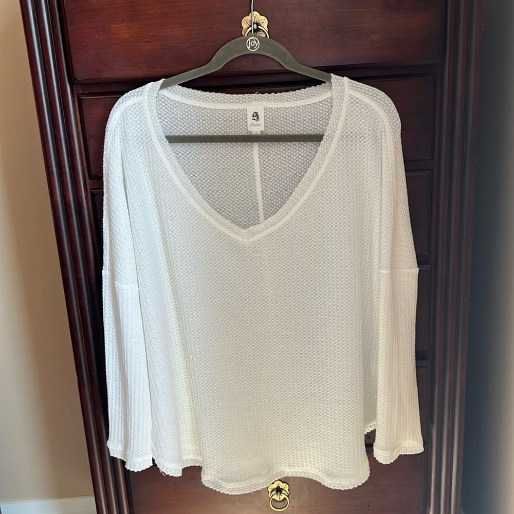 Flawless Deep Vneck Waffle Knit Off-White Long Sleeve Tee Shirt Large